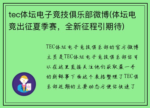 tec体坛电子竞技俱乐部微博(体坛电竞出征夏季赛，全新征程引期待)