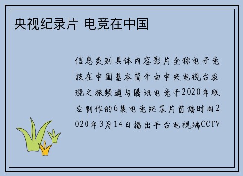 央视纪录片 电竞在中国